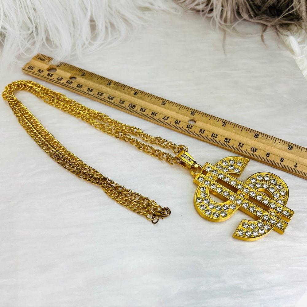 Goldtone Dollar Sign Bling Large Pendant Necklace + Coed Necklace - Picture 7 of 8